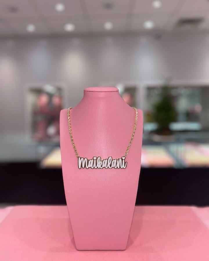 Maikalani white script name necklace on gold rope chain